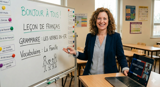 A French teacher smiling in front of a laptop or whiteboard.