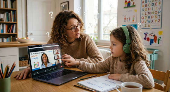 A candid photograph of a mother and daughter at a kitchen table, looking thoughtfully at a laptop screen during an online lesson. Floating question marks are subtly placed around them, emphasizing the 'Frequently Asked Questions' theme.