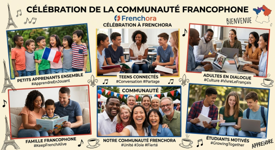 A dynamic grid collage celebrating the Frenchora Francophone community with joyful children, connected teens, adults in dialogue, and happy families.