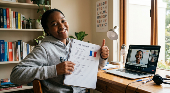 A happy female student sitting at her desk giving a big thumbs-up and holding a notebook with 'MA PREMIÈRE CLASSE!' written on it, after finishing an online French lesson, with her laptop showing the ended class video call.