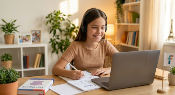 Friendly student learning French online