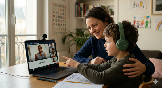 A candid photograph of a mother and her young son sitting together at a desk, focused on an online French lesson displayed on a laptop.