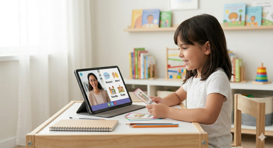 A child beginner learner using a tablet that displays basic French words like 'Bonjour', 'Merci', 'Famille', and 'École' with helpful icons