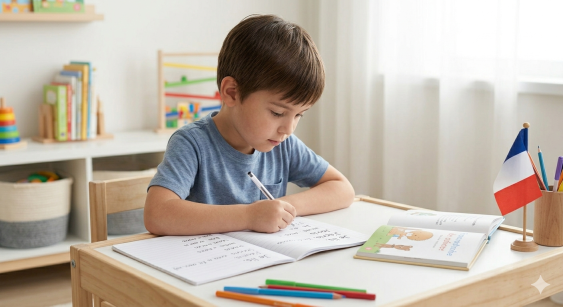 A focused francophone child reading a French storybook and writing in a notebook, demonstrating literacy development