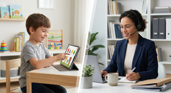 Split image showing a young child learner on one side and an adult professional on the other, demonstrating that Frenchora serves all age groups online